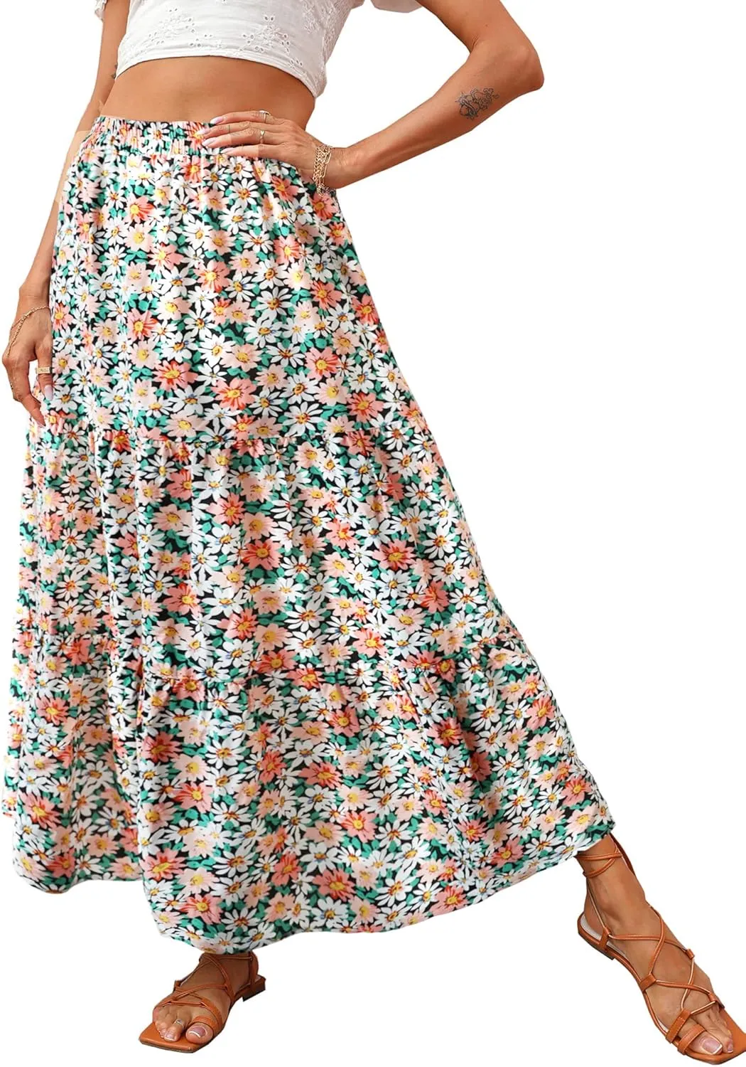 KIRUNDO Women's 2025 Spring Summer High Waist Boho Floral Maxi Skirt Casual Flowy Swing Pleated A Line Beach Long Skirts