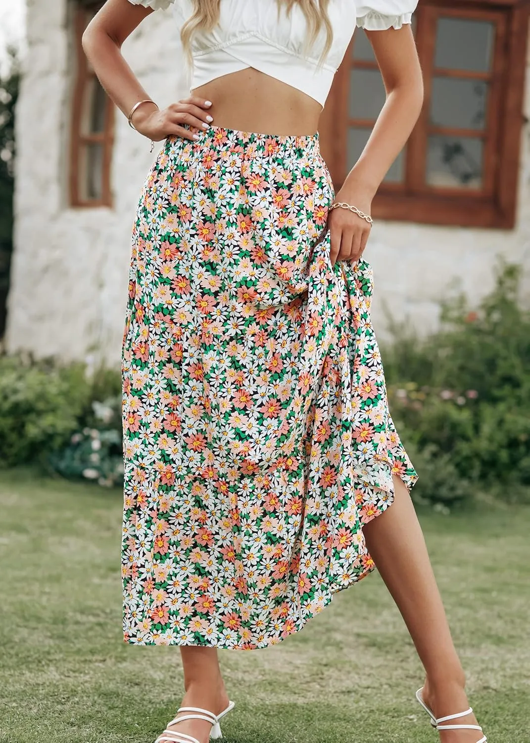 KIRUNDO Women's 2025 Spring Summer High Waist Boho Floral Maxi Skirt Casual Flowy Swing Pleated A Line Beach Long Skirts