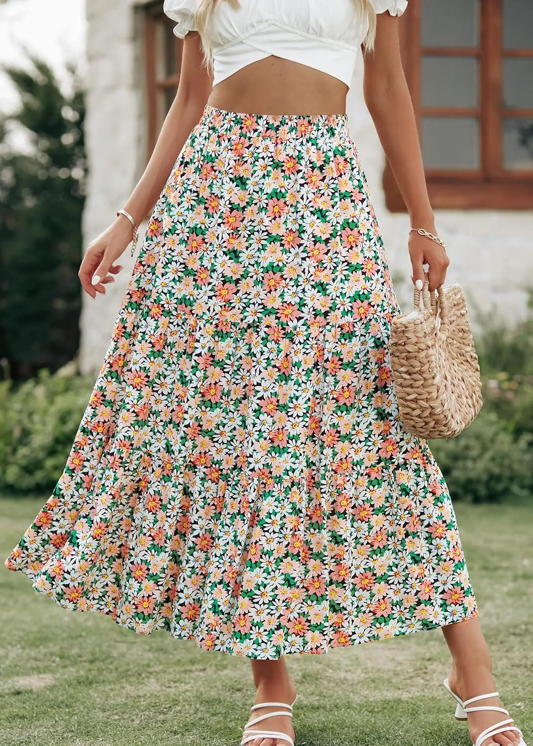KIRUNDO Women's 2025 Spring Summer High Waist Boho Floral Maxi Skirt Casual Flowy Swing Pleated A Line Beach Long Skirts