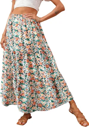 KIRUNDO Women's 2025 Spring Summer High Waist Boho Floral Maxi Skirt Casual Flowy Swing Pleated A Line Beach Long Skirts