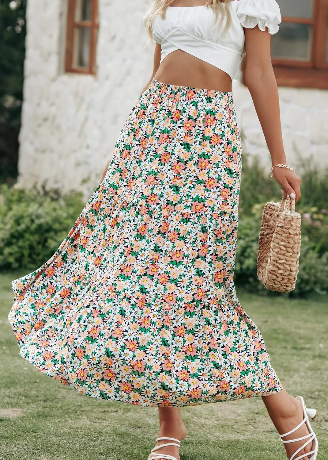 KIRUNDO Women's 2025 Spring Summer High Waist Boho Floral Maxi Skirt Casual Flowy Swing Pleated A Line Beach Long Skirts