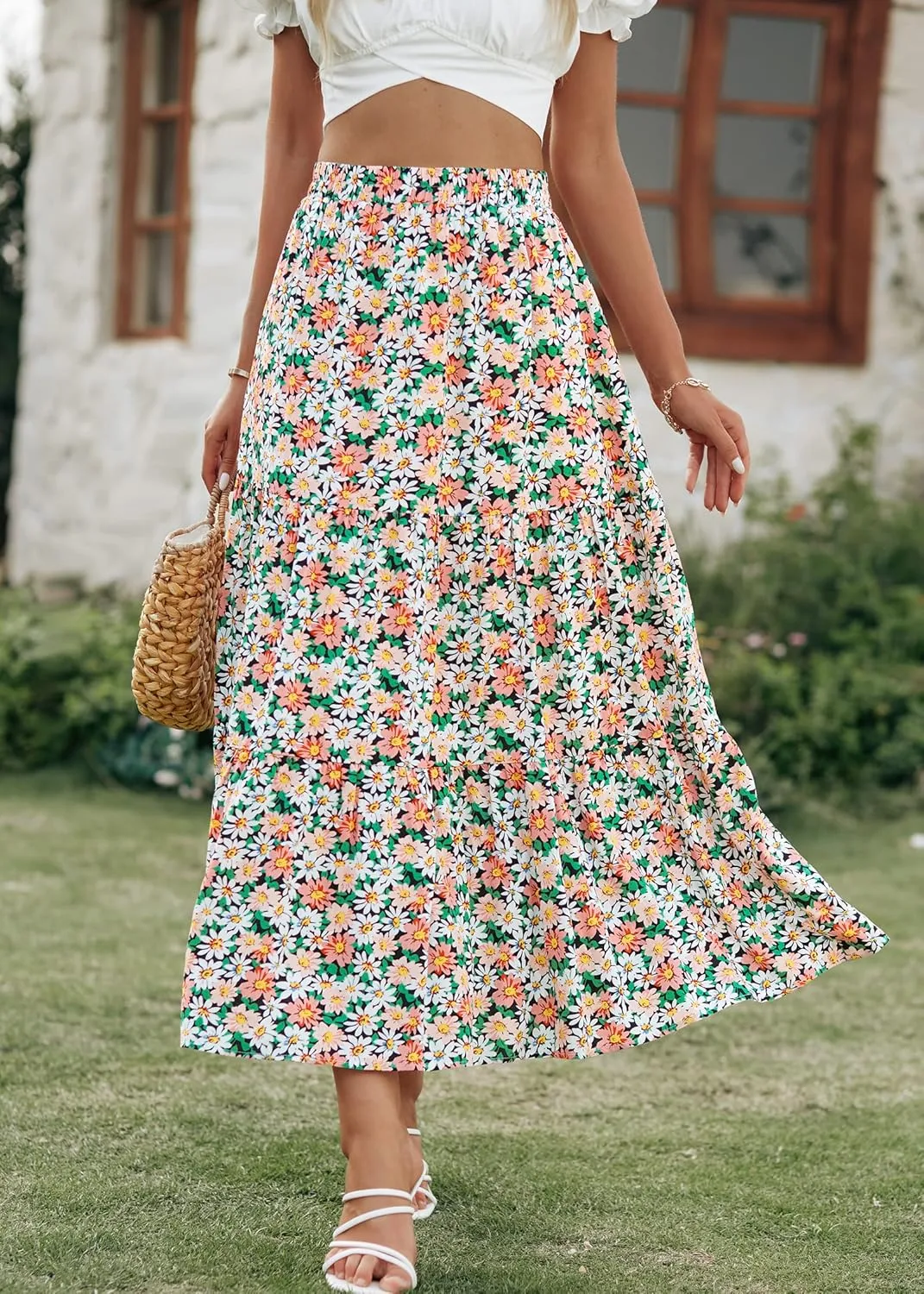 KIRUNDO Women's 2025 Spring Summer High Waist Boho Floral Maxi Skirt Casual Flowy Swing Pleated A Line Beach Long Skirts