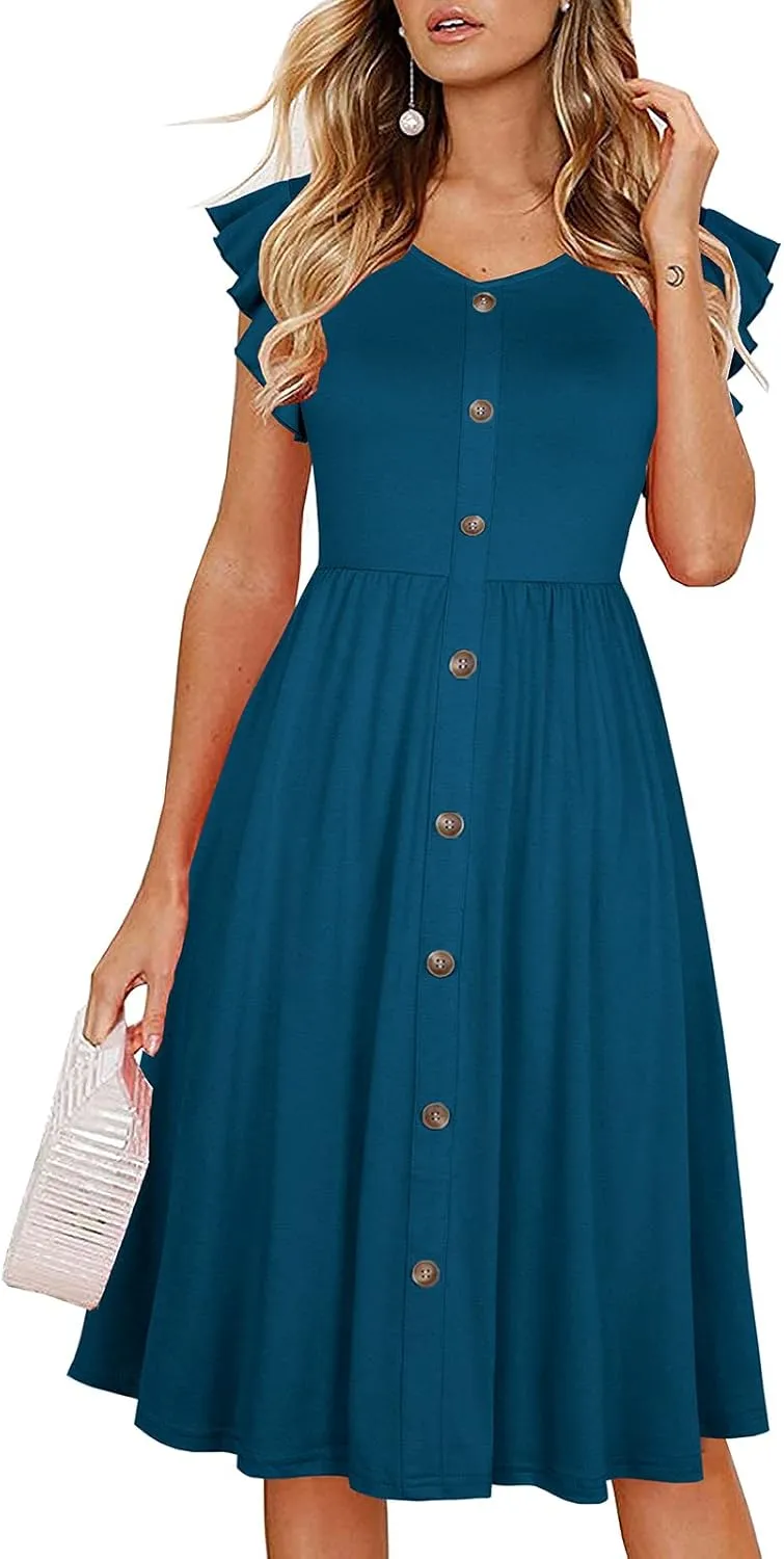 Lamilus Women's Casual Summer Dresses 2025 Ruffle Sleeves V-Neck Button Down Midi Swing Party Dress