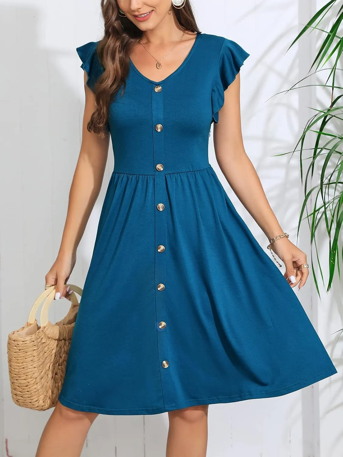Lamilus Women's Casual Summer Dresses 2025 Ruffle Sleeves V-Neck Button Down Midi Swing Party Dress