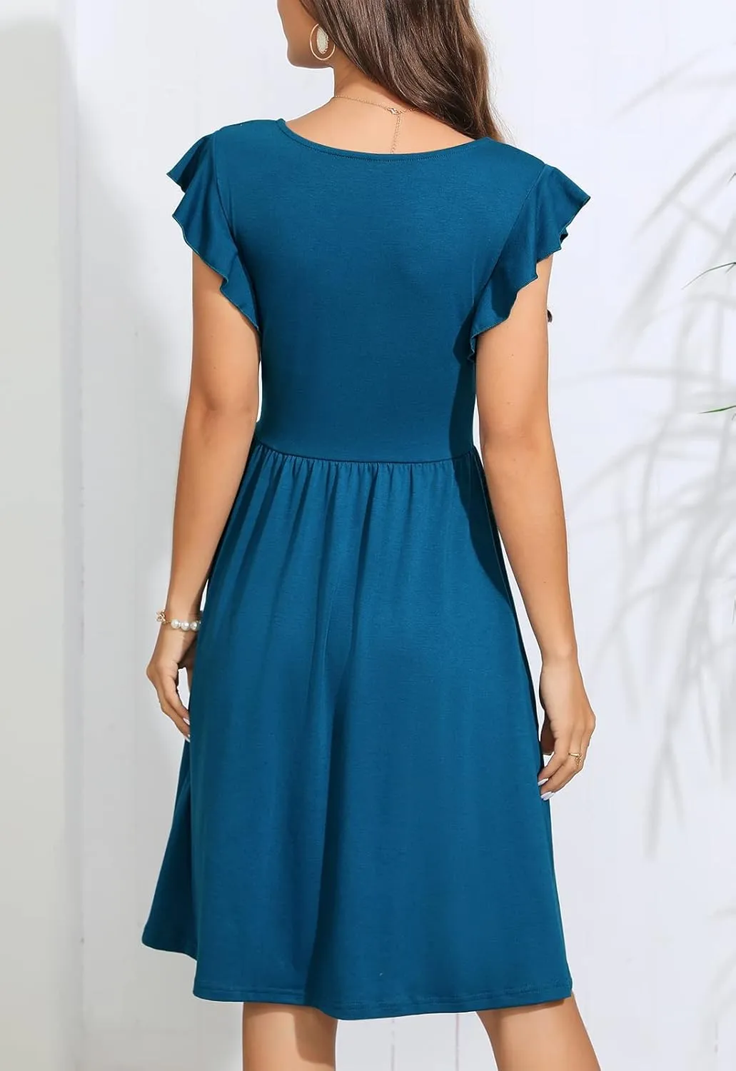 Lamilus Women's Casual Summer Dresses 2025 Ruffle Sleeves V-Neck Button Down Midi Swing Party Dress