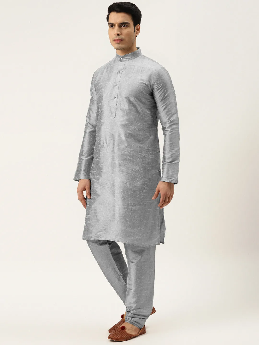 Men's Silk Blend Grey Kurta Pyjama & Green Sherwani Set - Sojanya