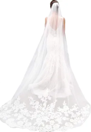 MisShow White Ivory Wedding Veils Lace Edge Cathedral Length Wedding Bridal Veil with Comb for Women, 118 Inches