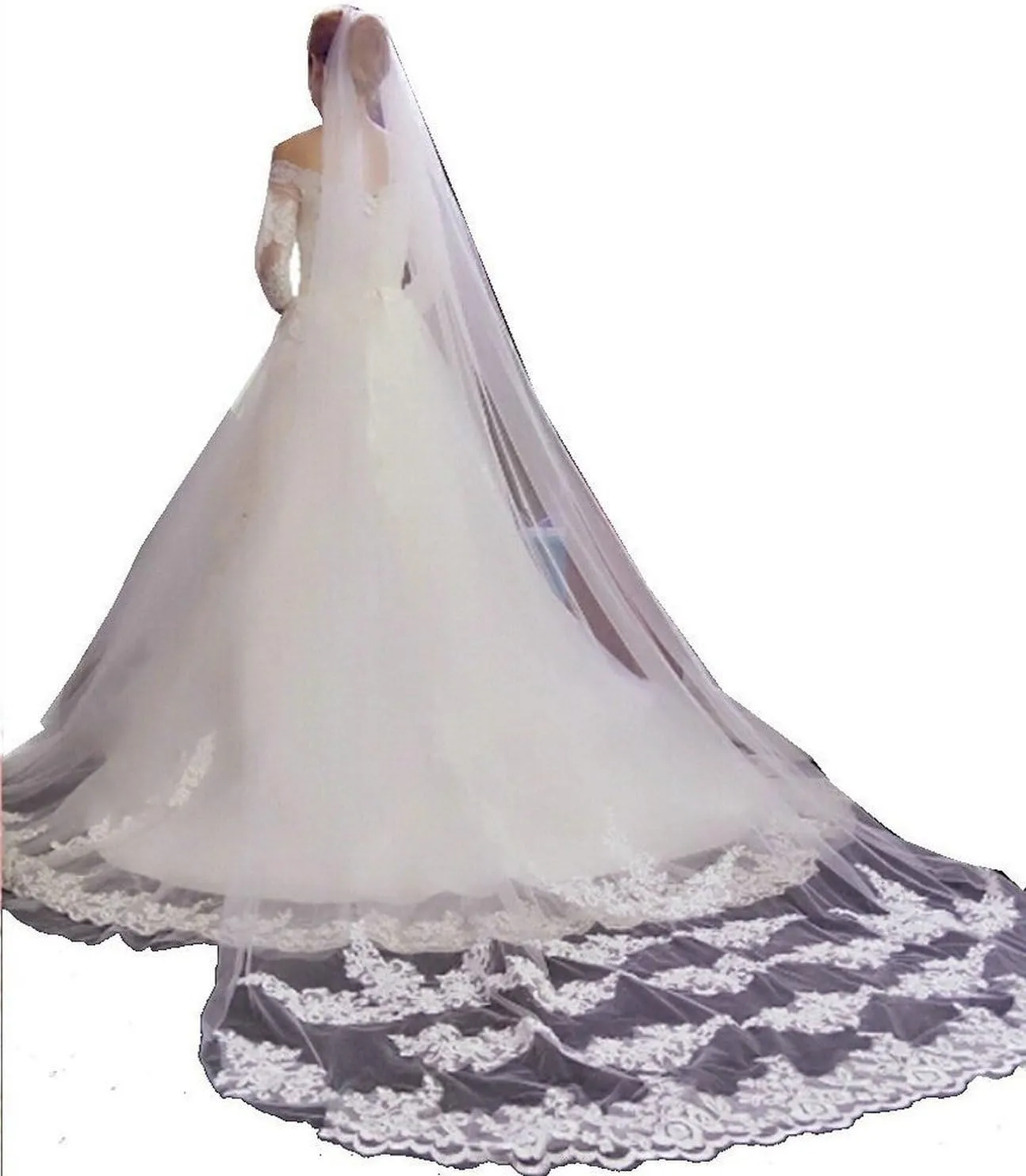 MisShow White Ivory Wedding Veils Lace Edge Cathedral Length Wedding Bridal Veil with Comb for Women, 118 Inches