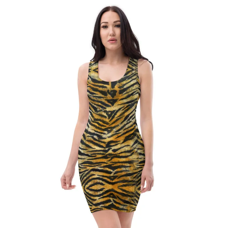 Orange Tiger Stripe Women's Dress, Sexy Animal Print Designer Party Dress-Made in USA/EU