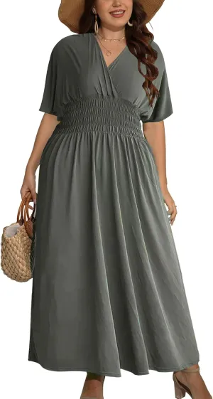 OSTOO Women's Plus Size Hawaii Empire Waist Bat Short Sleeve Casual Floral Print Boho Maxi Dress