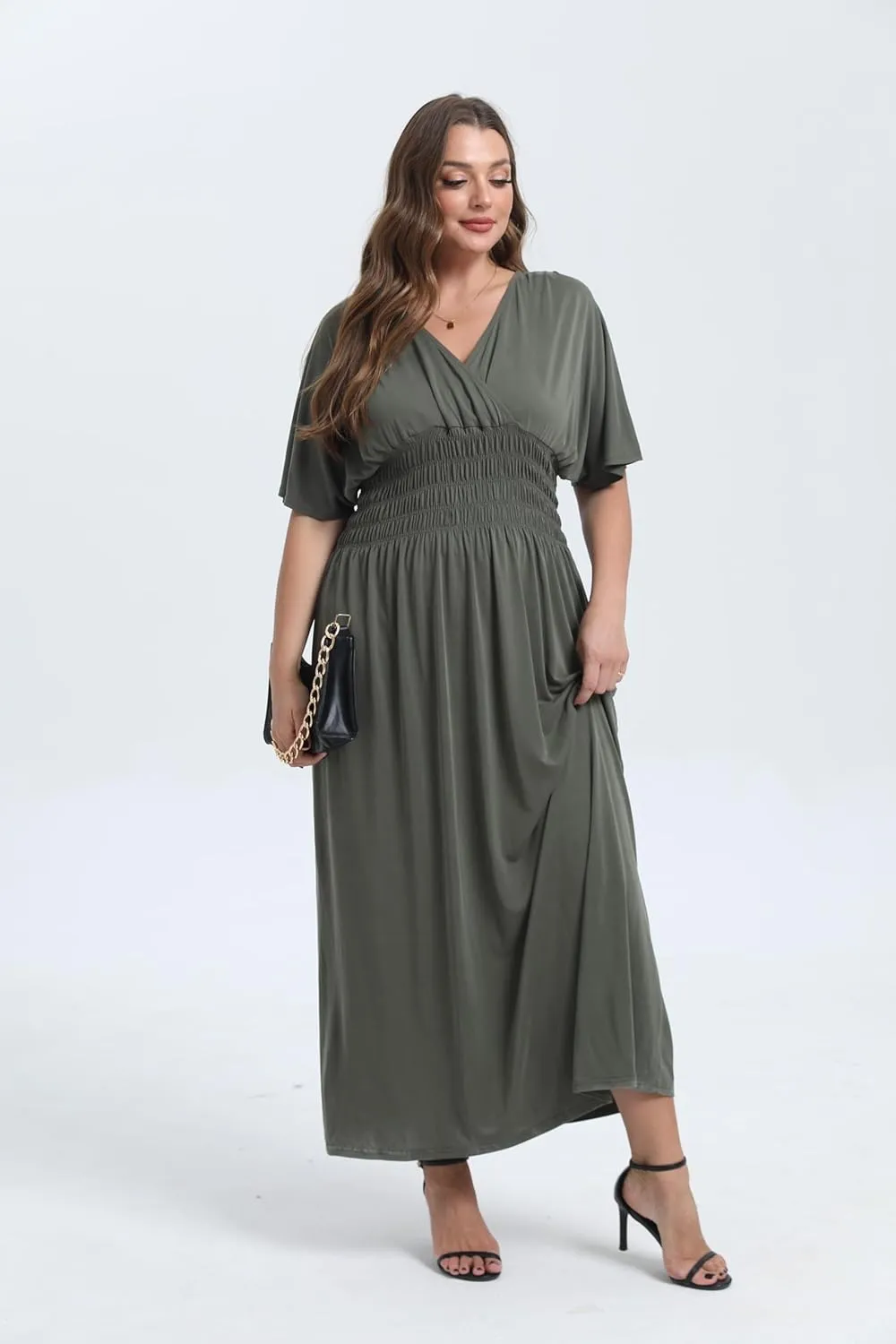 OSTOO Women's Plus Size Hawaii Empire Waist Bat Short Sleeve Casual Floral Print Boho Maxi Dress