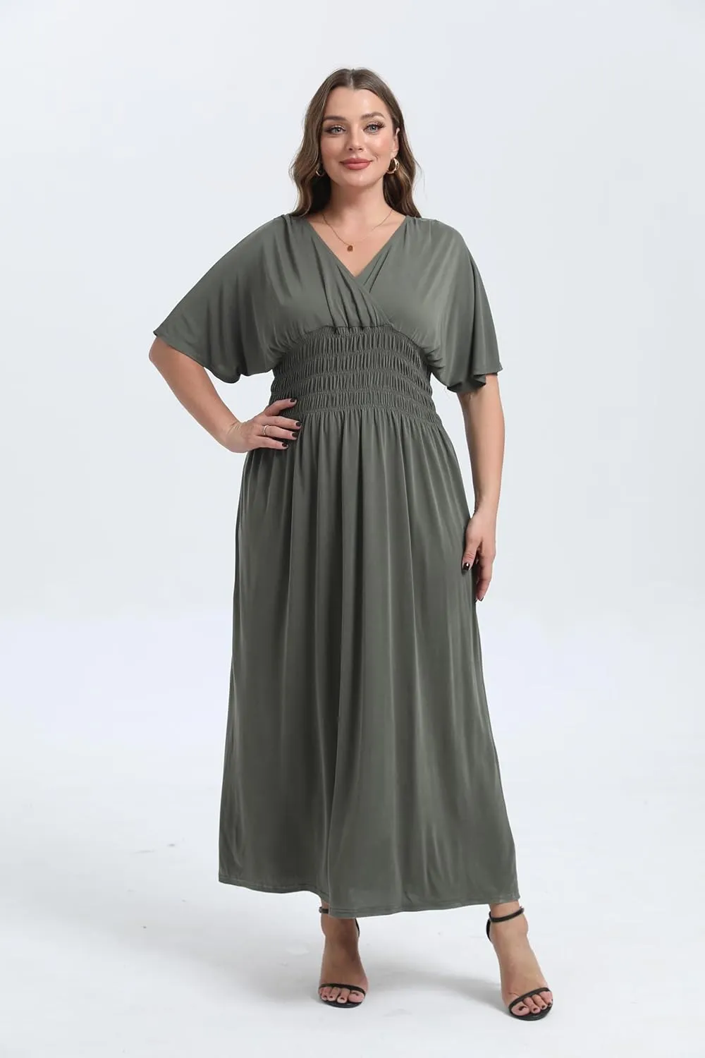 OSTOO Women's Plus Size Hawaii Empire Waist Bat Short Sleeve Casual Floral Print Boho Maxi Dress