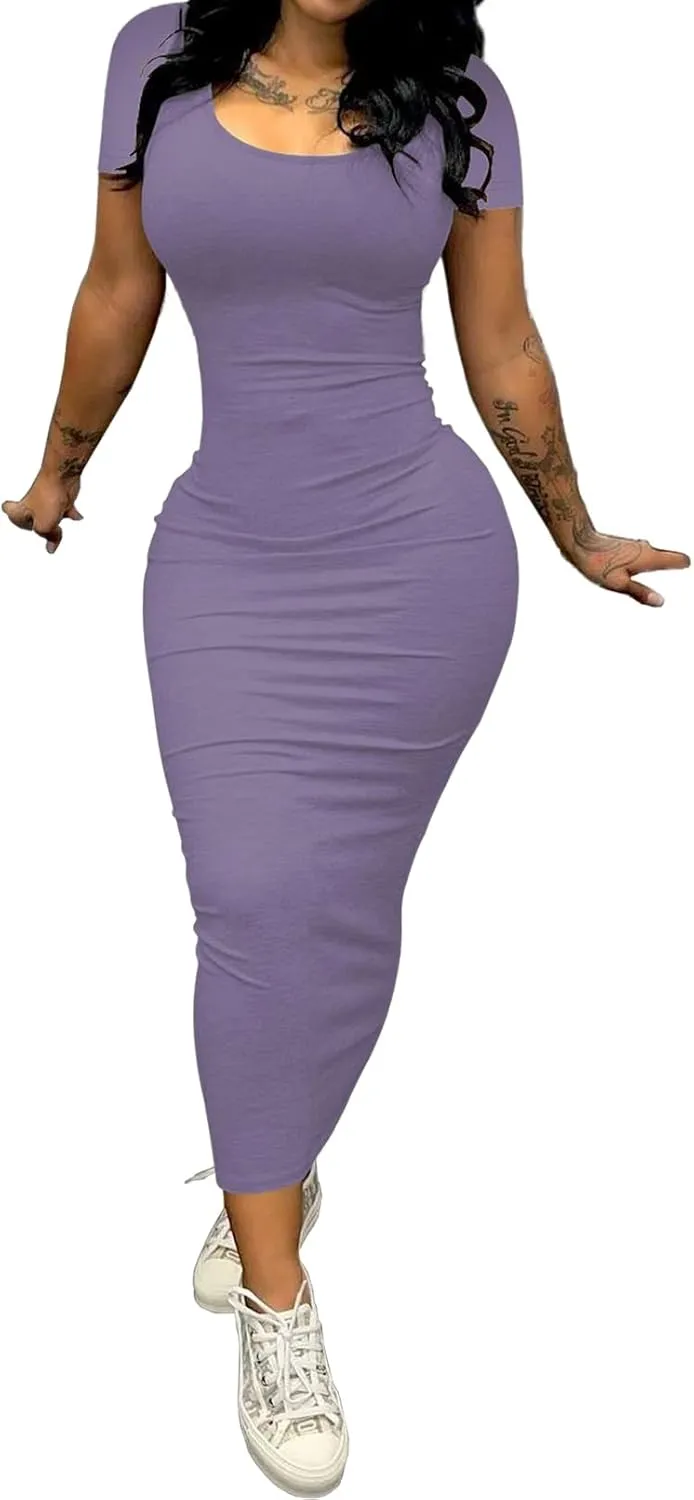 PINSV Women's Casual Bodycon Maxi Dress Summer Scoop Neck Short Sleeve Long Fitted Dresses Club Party