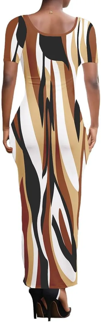 PINSV Women's Casual Bodycon Maxi Dress Summer Scoop Neck Short Sleeve Long Fitted Dresses Club Party