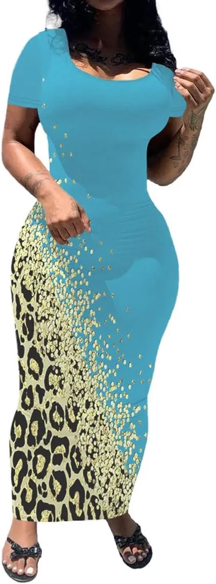 PINSV Women's Casual Bodycon Maxi Dress Summer Scoop Neck Short Sleeve Long Fitted Dresses Club Party