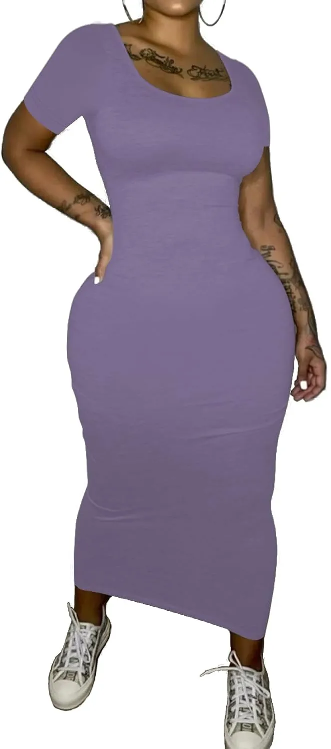 PINSV Women's Casual Bodycon Maxi Dress Summer Scoop Neck Short Sleeve Long Fitted Dresses Club Party