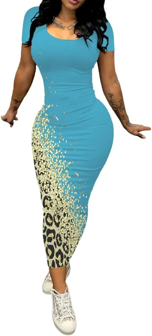 PINSV Women's Casual Bodycon Maxi Dress Summer Scoop Neck Short Sleeve Long Fitted Dresses Club Party