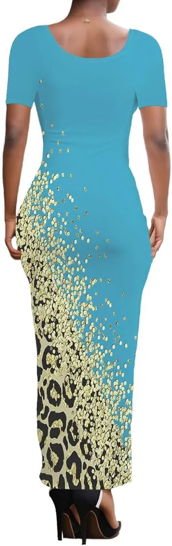 PINSV Women's Casual Bodycon Maxi Dress Summer Scoop Neck Short Sleeve Long Fitted Dresses Club Party