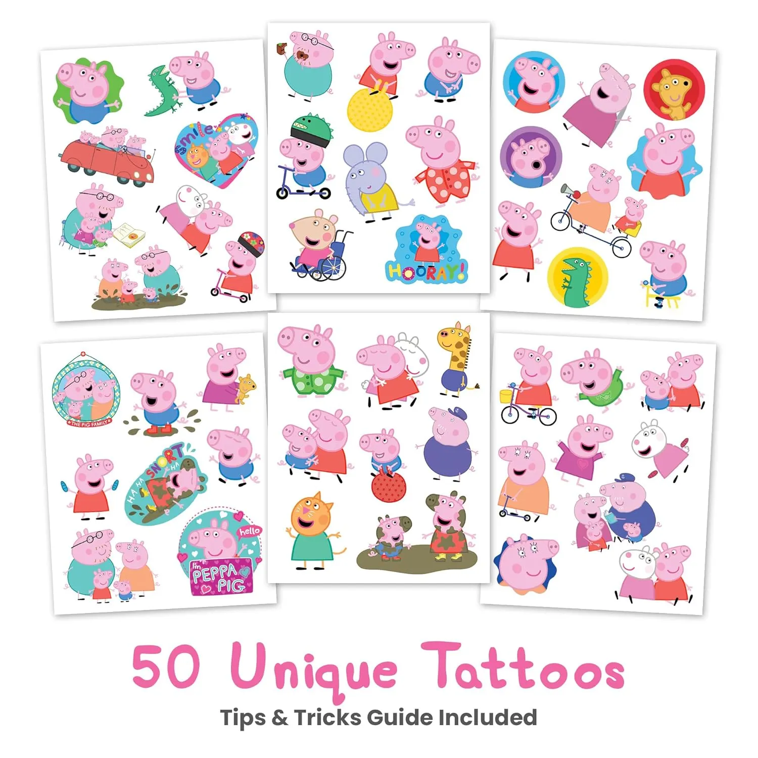 Savvi - 50 Peppa Pig Temporary Tattoos: Skin-Safe Ink, Great for Birthday Parties, Gifts for Boys and Girls Ages 4-12 , Made in the USA [6 sheets, 50 count]