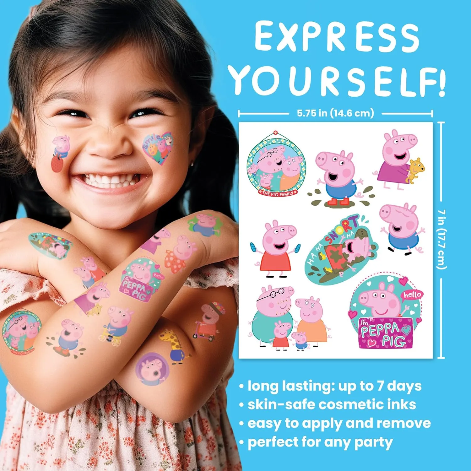 Savvi - 50 Peppa Pig Temporary Tattoos: Skin-Safe Ink, Great for Birthday Parties, Gifts for Boys and Girls Ages 4-12 , Made in the USA [6 sheets, 50 count]
