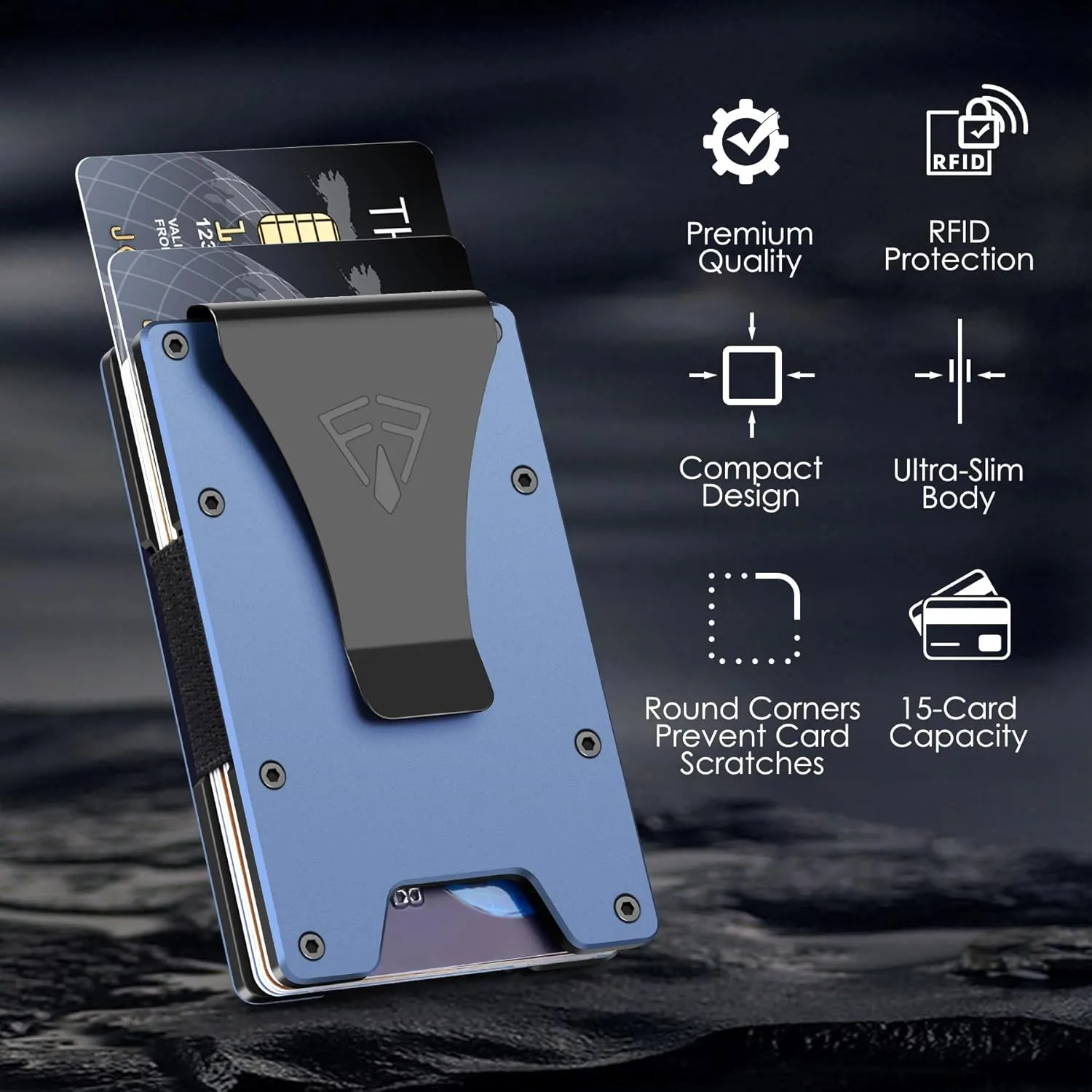 Slim Minimalist Wallet for Men with Money Clip - 15 Credit Card Holder RFID Wallet for Men - Front Pocket Mens Wallet with Compact Design - Easy to Access for Cards - Ideal Gift for Him(Pacific Blue)