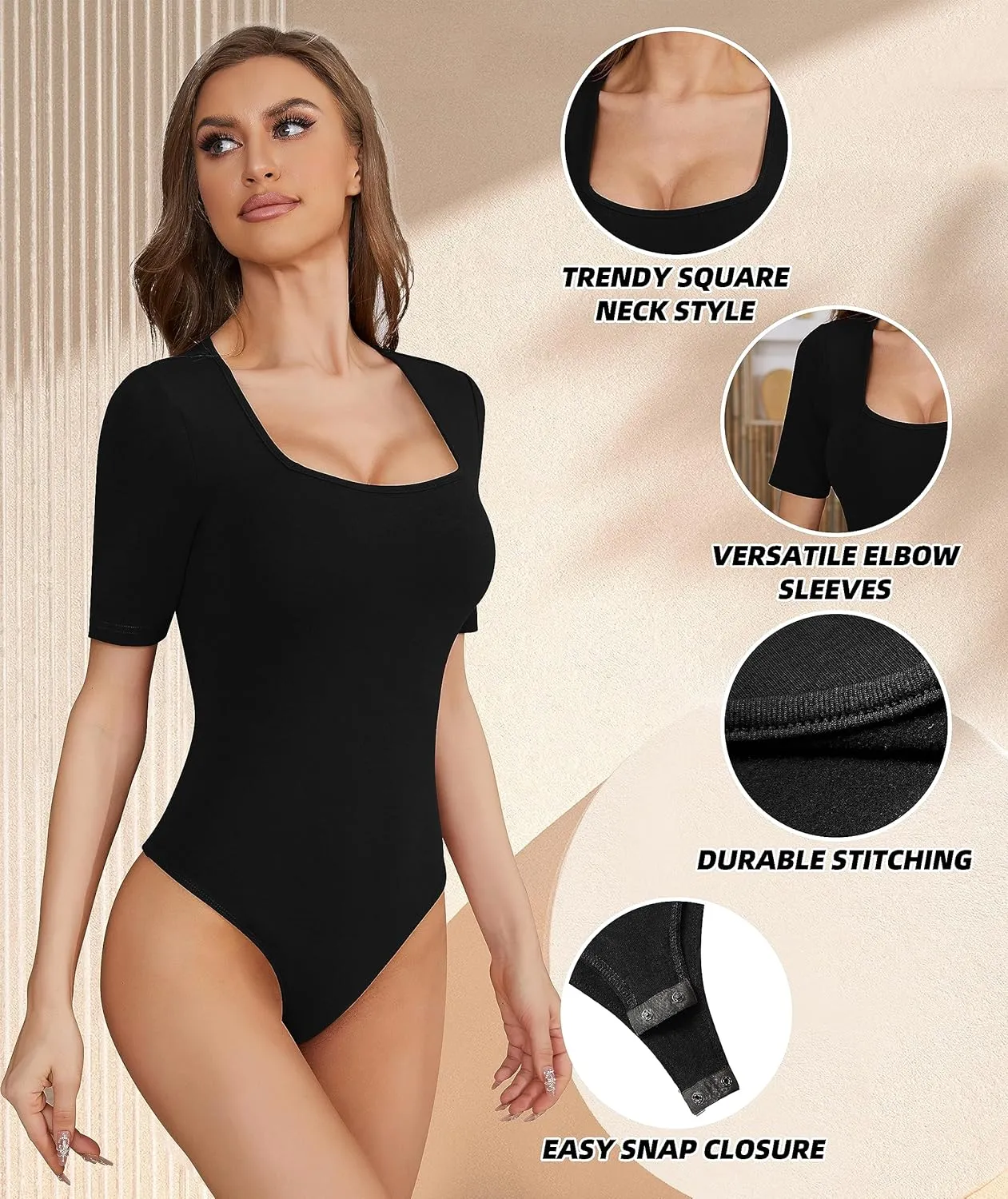 TQD Women's Square Neck Bodysuit Short Sleeve Bodysuit for Women Elbow Sleeve Tshirt Body Suit Top
