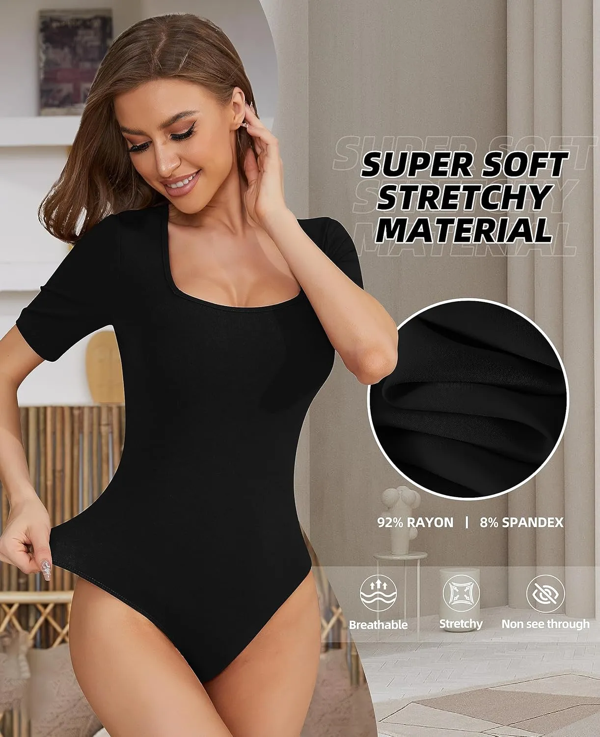 TQD Women's Square Neck Bodysuit Short Sleeve Bodysuit for Women Elbow Sleeve Tshirt Body Suit Top