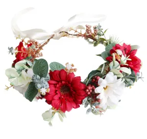 Vivivalue Fairy Flower Crown Headband Forest Headpiece for Women Girls Elven Hair Wreath Woodland Floral Circlet Halloween Renaissance Wedding Bridal Cosplay Prom Photos Red