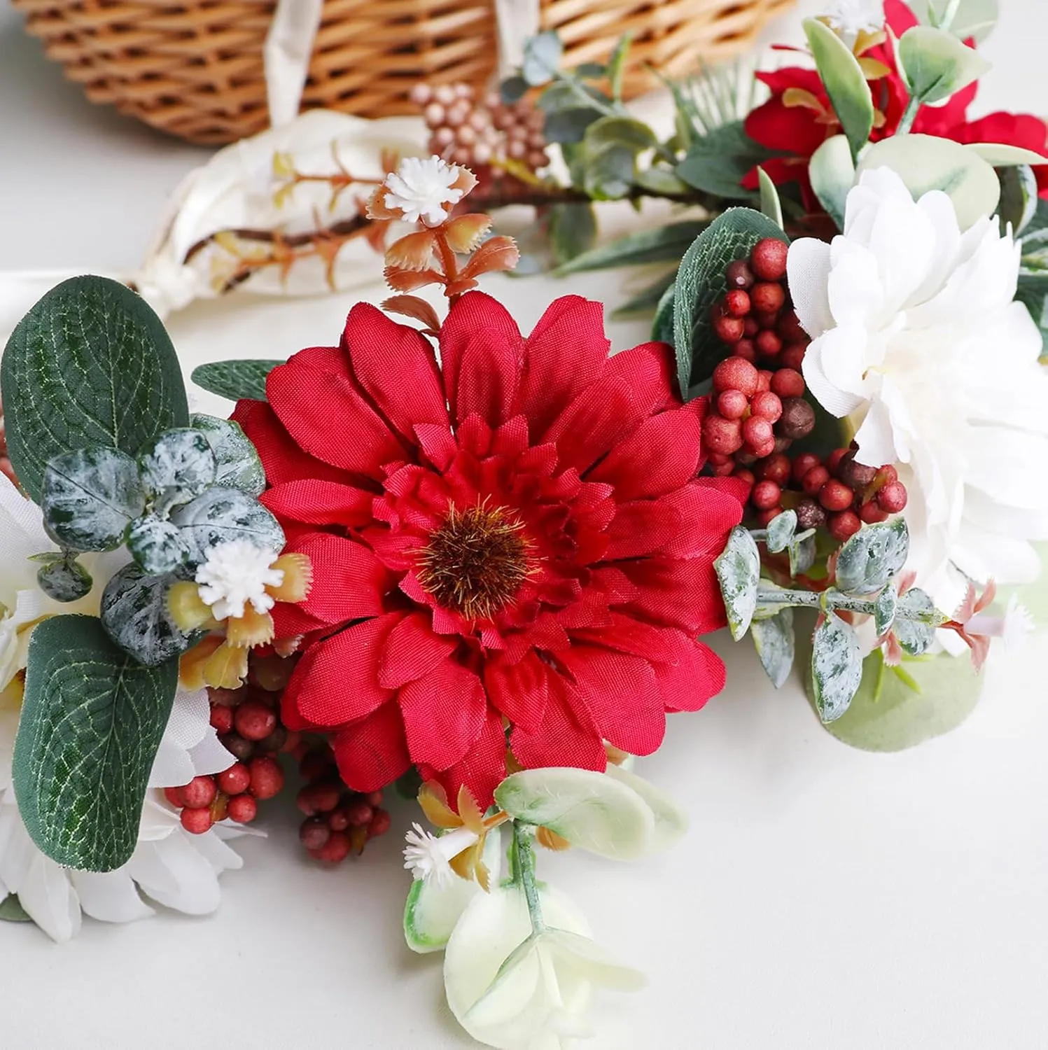 Vivivalue Fairy Flower Crown Headband Forest Headpiece for Women Girls Elven Hair Wreath Woodland Floral Circlet Halloween Renaissance Wedding Bridal Cosplay Prom Photos Red