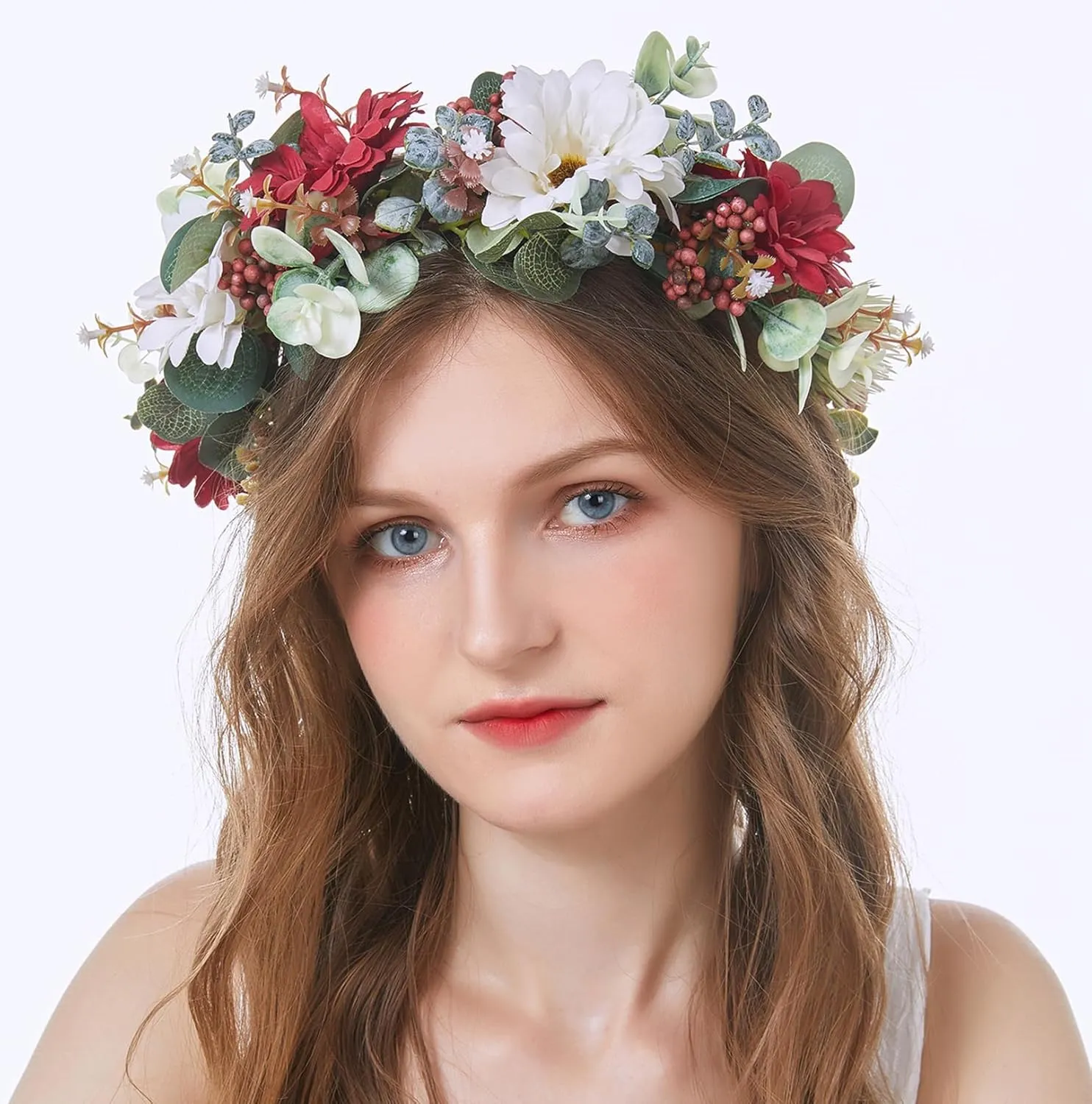 Vivivalue Fairy Flower Crown Headband Forest Headpiece for Women Girls Elven Hair Wreath Woodland Floral Circlet Halloween Renaissance Wedding Bridal Cosplay Prom Photos Red
