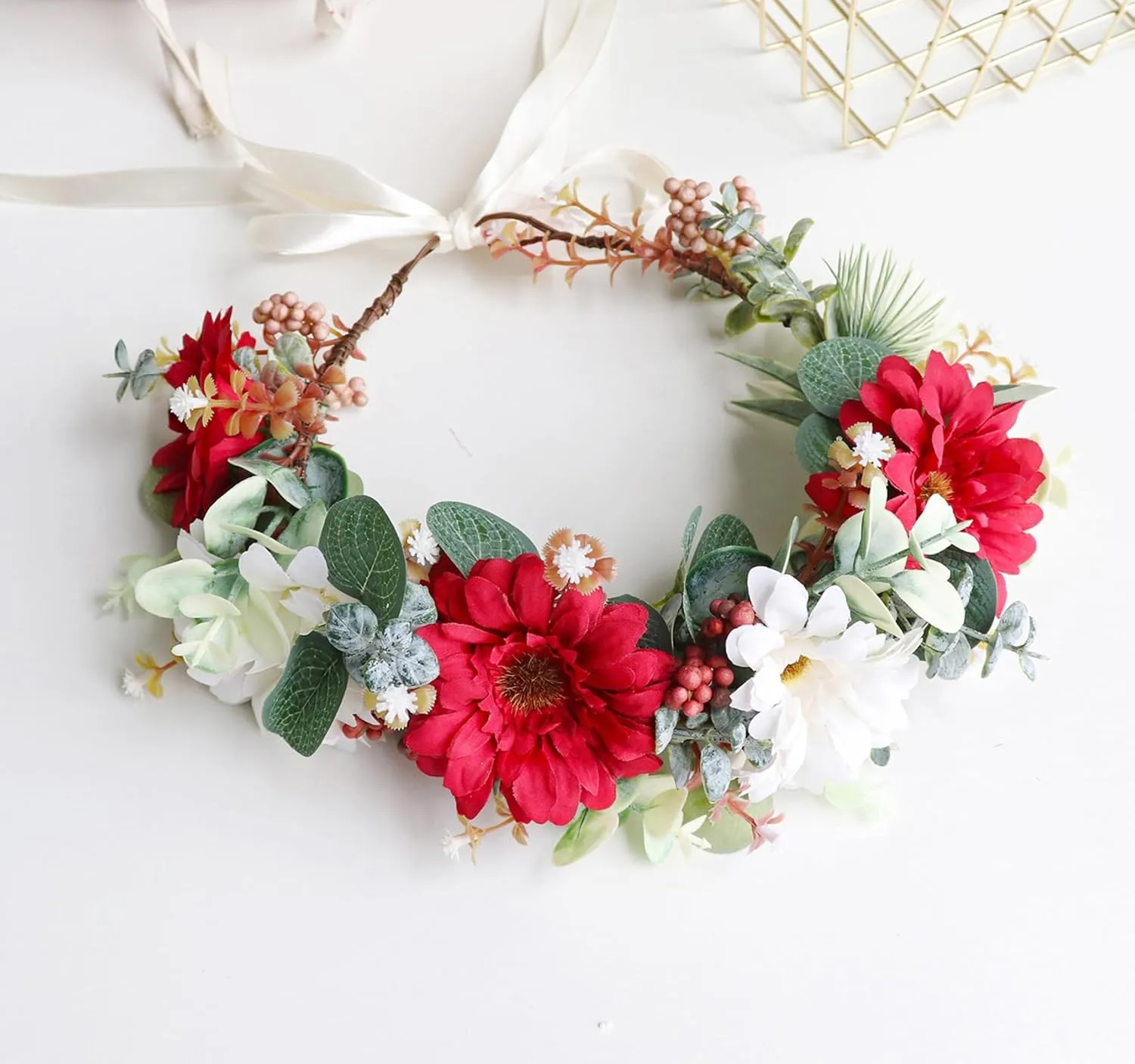 Vivivalue Fairy Flower Crown Headband Forest Headpiece for Women Girls Elven Hair Wreath Woodland Floral Circlet Halloween Renaissance Wedding Bridal Cosplay Prom Photos Red