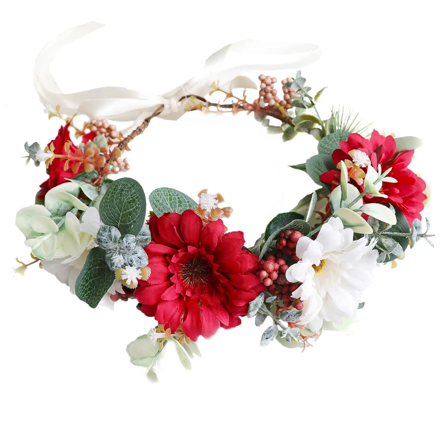 Vivivalue Fairy Flower Crown Headband Forest Headpiece for Women Girls Elven Hair Wreath Woodland Floral Circlet Halloween Renaissance Wedding Bridal Cosplay Prom Photos Red