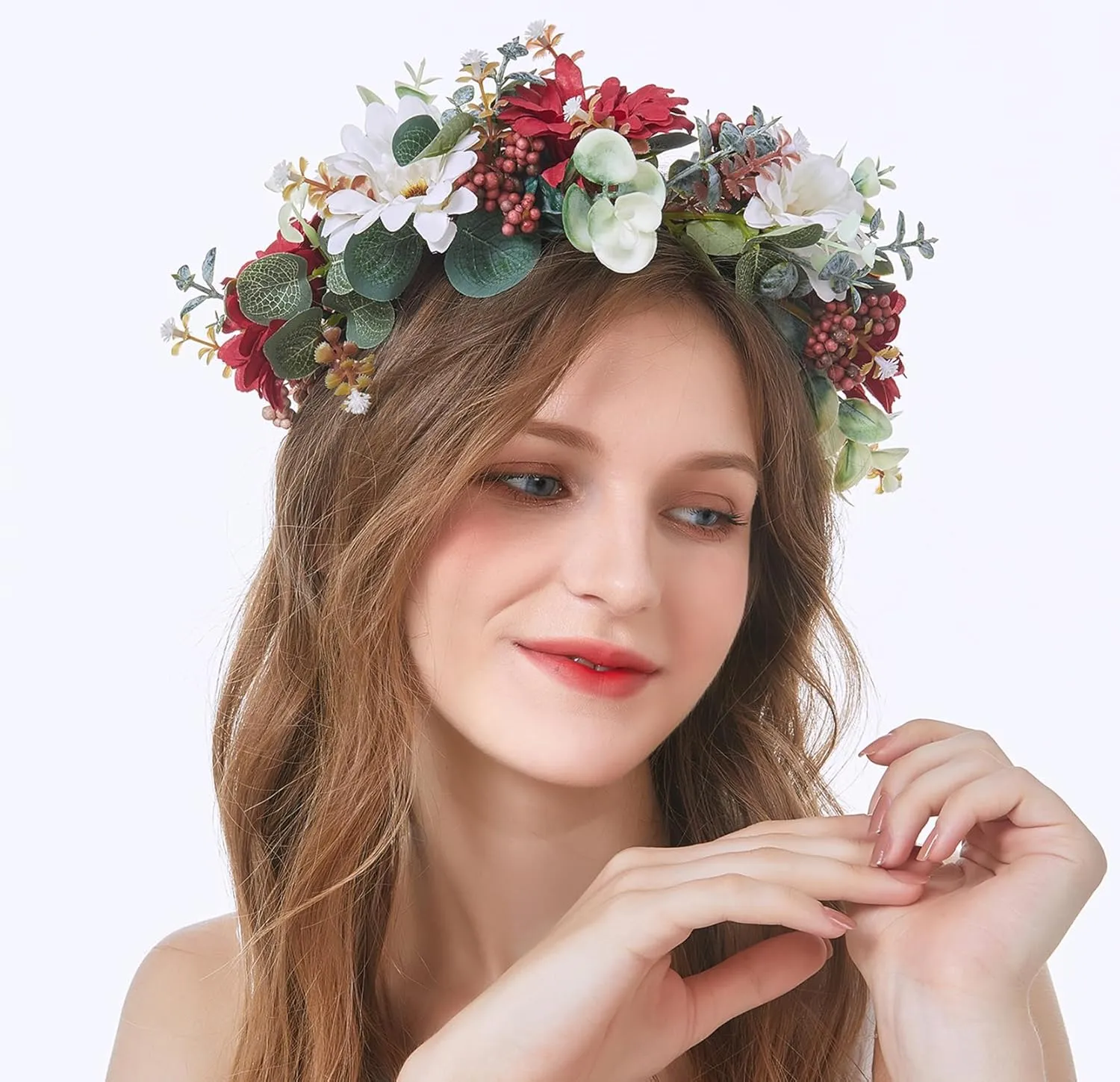 Vivivalue Fairy Flower Crown Headband Forest Headpiece for Women Girls Elven Hair Wreath Woodland Floral Circlet Halloween Renaissance Wedding Bridal Cosplay Prom Photos Red