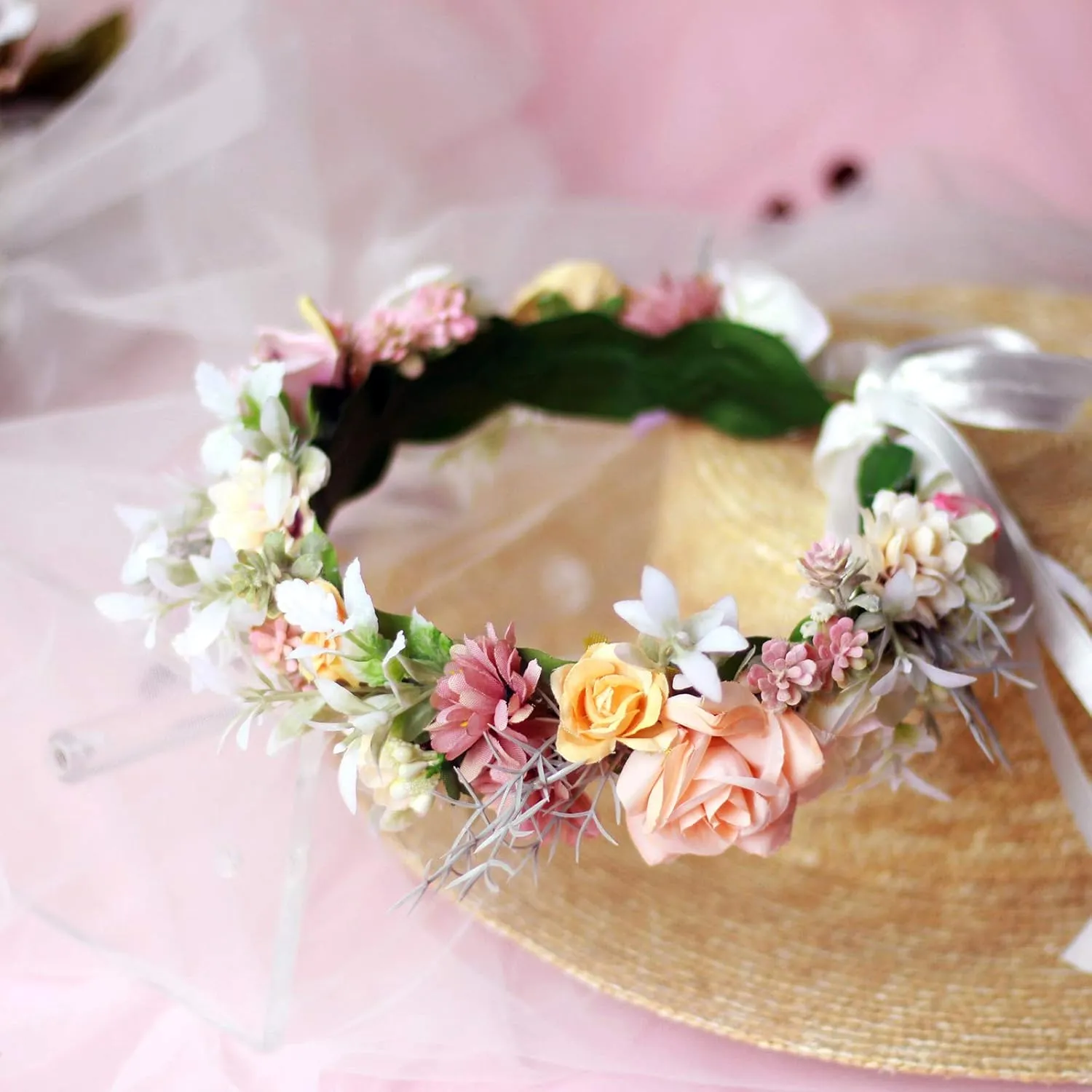Vivivalue Floral Crown Girl Floral Headband Flower Headpiece Halo Wedding Party Photos