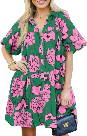 Wenrine Women's Summer Button Down Shirt Dress Floral Puff Short Sleeve Casual Loose Fit Beach Mini Dresses