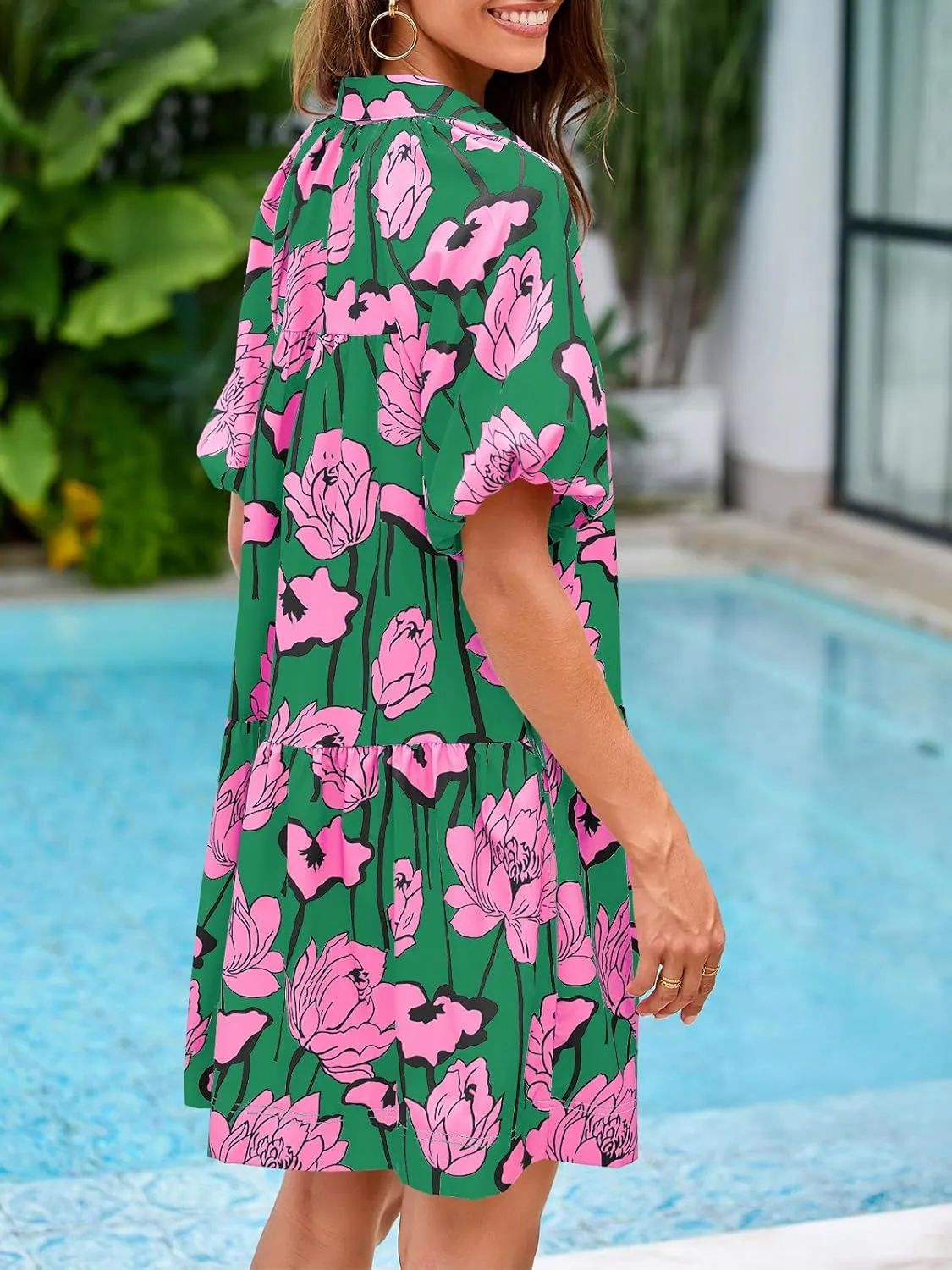 Wenrine Women's Summer Button Down Shirt Dress Floral Puff Short Sleeve Casual Loose Fit Beach Mini Dresses