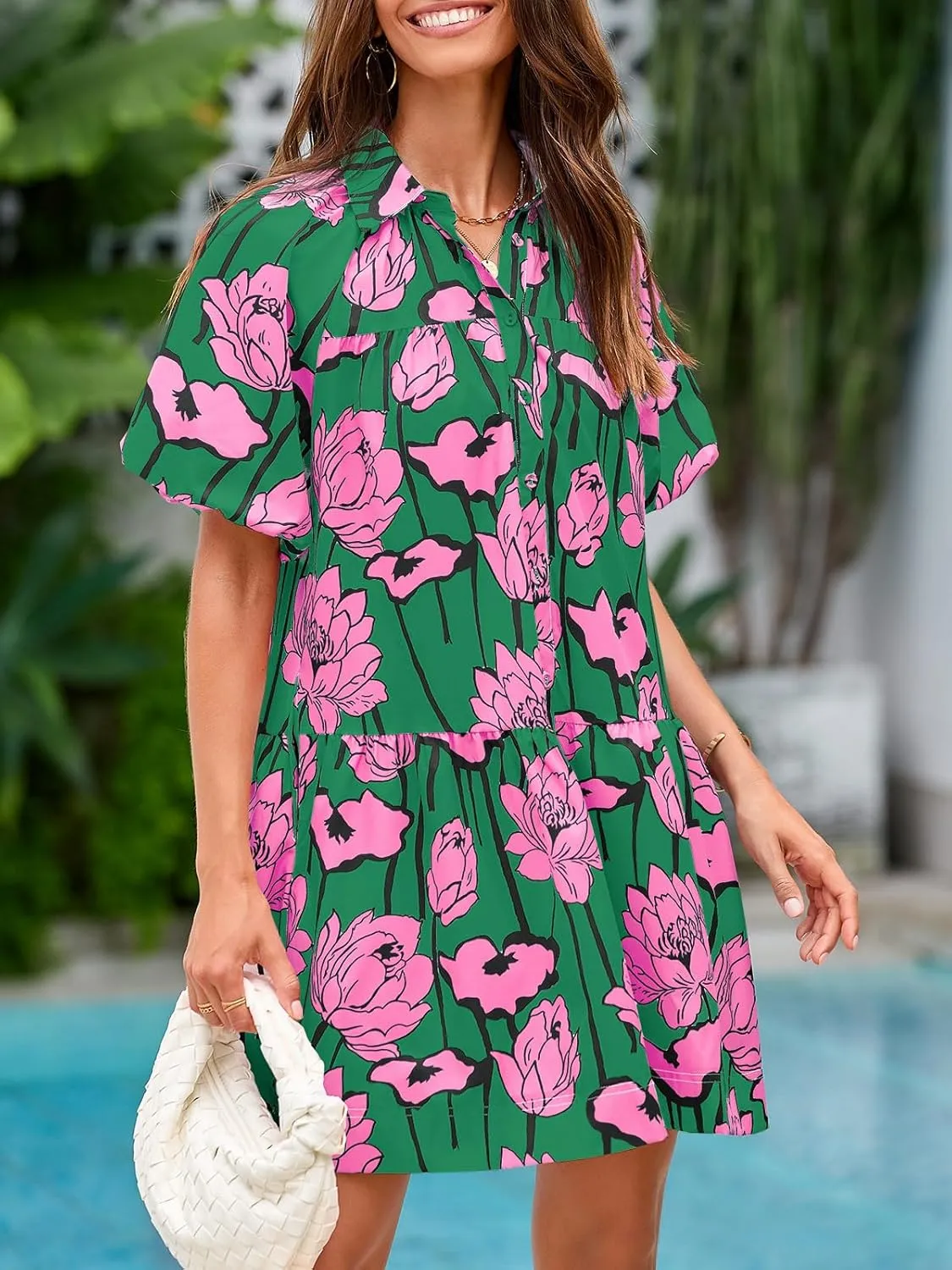 Wenrine Women's Summer Button Down Shirt Dress Floral Puff Short Sleeve Casual Loose Fit Beach Mini Dresses