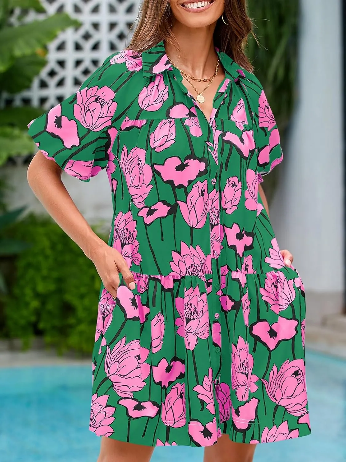 Wenrine Women's Summer Button Down Shirt Dress Floral Puff Short Sleeve Casual Loose Fit Beach Mini Dresses